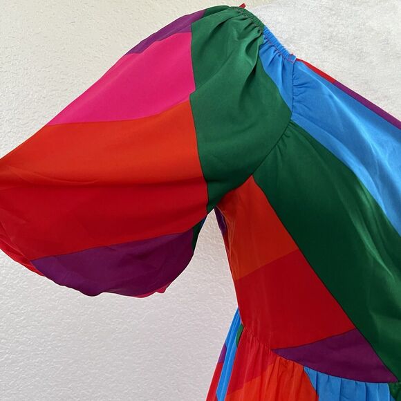 Skies are Blue Iliana Tiered Pink Colorful Maxi Dress Size Small Puffy Sleeve - Picture 4 of 16